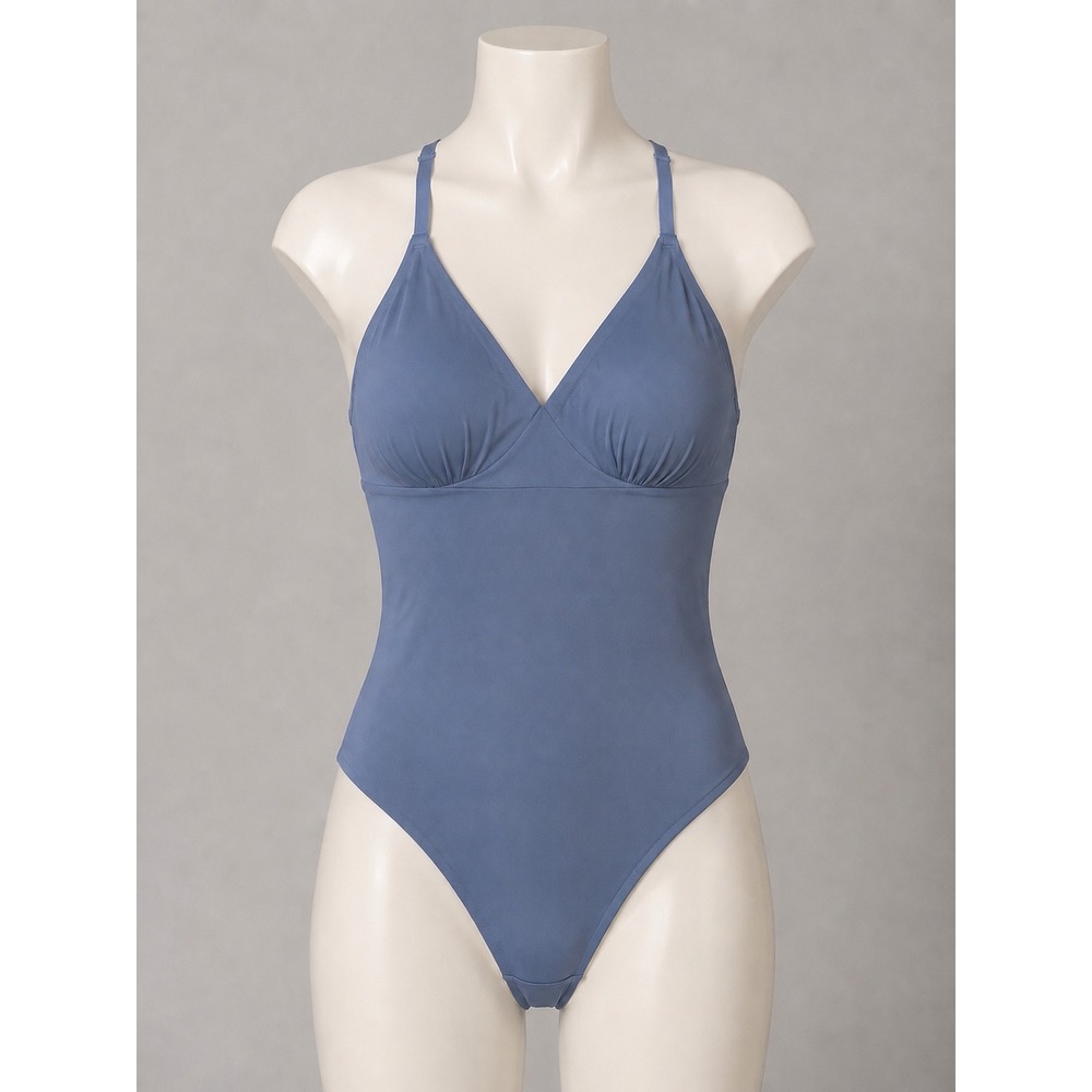 True & Co Womens V Neck Racerback Bodysuit Blue Lace Thong TR32325T Size M NEW